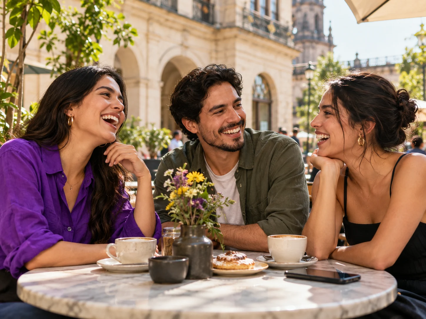 Tres personas compartiendo risas en una terraza de café
